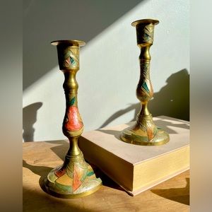 Brass Enamel Candle Holder Set (2)